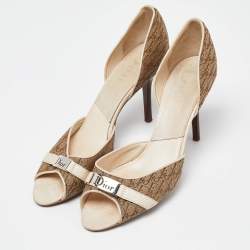 Dior Beige/Brown Monogram Canvas and Leather D'orsay Peep Toe Pumps Size 42