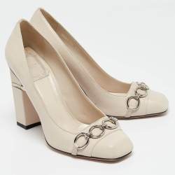 Pre Owned Dior Cream Leather Chain Embellished Block Heel Pumps Size 37