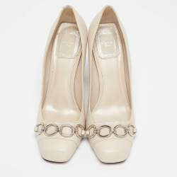 Pre Owned Dior Cream Leather Chain Embellished Block Heel Pumps Size 37