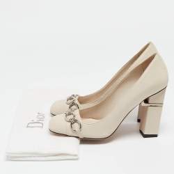 Pre Owned Dior Cream Leather Chain Embellished Block Heel Pumps Size 37