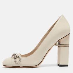 Pre Owned Dior Cream Leather Chain Embellished Block Heel Pumps Size 37