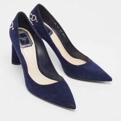 Pre Owned Dior Navy Blue Suede CD Chain Detail Pointed Toe Pumps Size 38.5