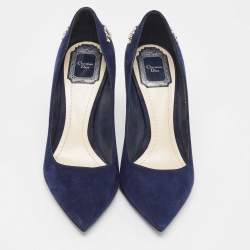 Pre Owned Dior Navy Blue Suede CD Chain Detail Pointed Toe Pumps Size 38.5