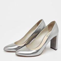 Dior Silver Leather Cannage  Block Heel Pumps Size 38
