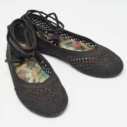 Dior Black Embroidered Mesh Poeme Ankle Tie Ballet Flats Size 37