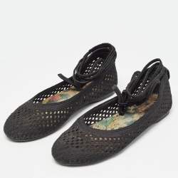 Dior Black Embroidered Mesh Poeme Ankle Tie Ballet Flats Size 37