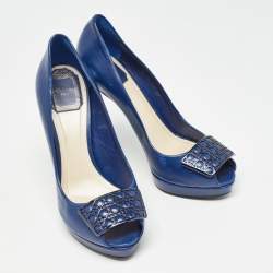 Dior Blue Leather Cannage Plaque Platform Peep Toe Pumps Size 38