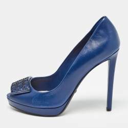 Dior Blue Leather Cannage Plaque Platform Peep Toe Pumps Size 38