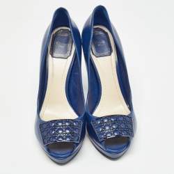 Dior Blue Leather Cannage Plaque Platform Peep Toe Pumps Size 38