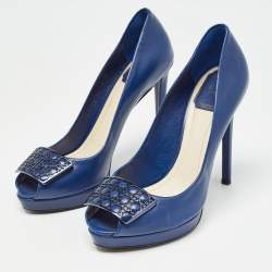 Dior Blue Leather Cannage Plaque Platform Peep Toe Pumps Size 38