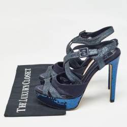 Dior Blue Satin and Glitter Platform Ankle Strap Sandals Size 40