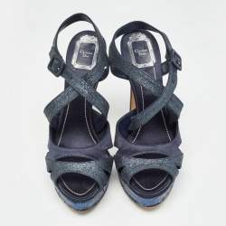 Dior Blue Satin and Glitter Platform Ankle Strap Sandals Size 40