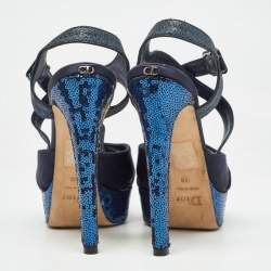 Dior Blue Satin and Glitter Platform Ankle Strap Sandals Size 40