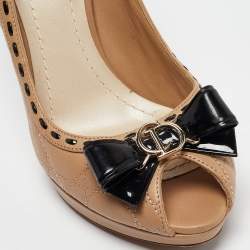 Pre Owned Dior Beige Cannage Leather Bow Peep Toe Pumps Size 37
