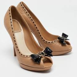 Pre Owned Dior Beige Cannage Leather Bow Peep Toe Pumps Size 37