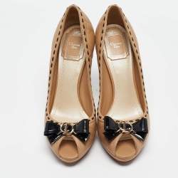 Pre Owned Dior Beige Cannage Leather Bow Peep Toe Pumps Size 37