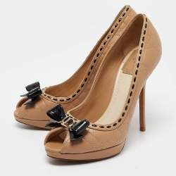 Pre Owned Dior Beige Cannage Leather Bow Peep Toe Pumps Size 37