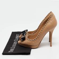 Pre Owned Dior Beige Cannage Leather Bow Peep Toe Pumps Size 37