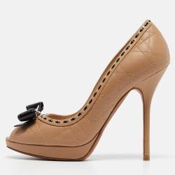 Pre Owned Dior Beige Cannage Leather Bow Peep Toe Pumps Size 37