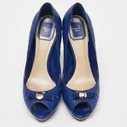 Pre Owned Dior Blue Cannage Leather and Patent Bow Peep Toe Platform Pumps Size 38.5