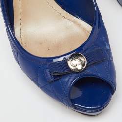 Pre Owned Dior Blue Cannage Leather and Patent Bow Peep Toe Platform Pumps Size 38.5
