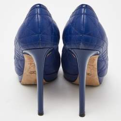 Pre Owned Dior Blue Cannage Leather and Patent Bow Peep Toe Platform Pumps Size 38.5