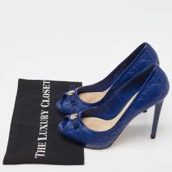 Pre Owned Dior Blue Cannage Leather and Patent Bow Peep Toe Platform Pumps Size 38.5