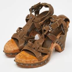 Dior Olive Green Leather Studded Cork Wedge Ankle Strap Sandals Size 37