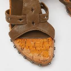 Dior Olive Green Leather Studded Cork Wedge Ankle Strap Sandals Size 37