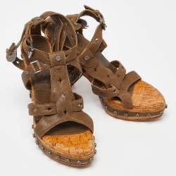 Dior Olive Green Leather Studded Cork Wedge Ankle Strap Sandals Size 37