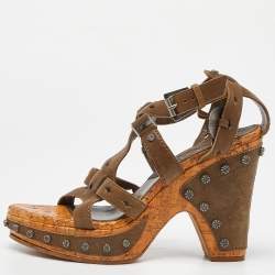 Dior Olive Green Leather Studded Cork Wedge Ankle Strap Sandals Size 37