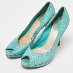 Pre Owned Dior Turquoise Blue Python Embossed Miss Dior Peep Toe Pumps Size 39