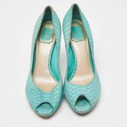 Pre Owned Dior Turquoise Blue Python Embossed Miss Dior Peep Toe Pumps Size 39