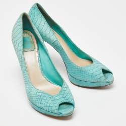 Pre Owned Dior Turquoise Blue Python Embossed Miss Dior Peep Toe Pumps Size 39