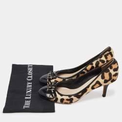 Dior Black/Beige Leopard Print Calf Hair and Patent Bow Pumps Size 39