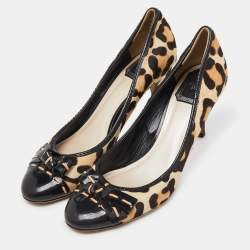 Dior Black/Beige Leopard Print Calf Hair and Patent Bow Pumps Size 39