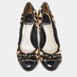 Dior Black/Beige Leopard Print Calf Hair and Patent Bow Pumps Size 39