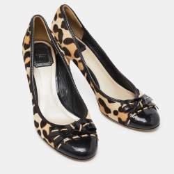 Dior Black/Beige Leopard Print Calf Hair and Patent Bow Pumps Size 39