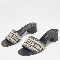 Dior Beige/Blue Canvas Dway Open Toe Slide Sandals Size 34