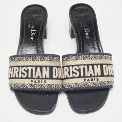 Dior Beige/Blue Canvas Dway Open Toe Slide Sandals Size 34
