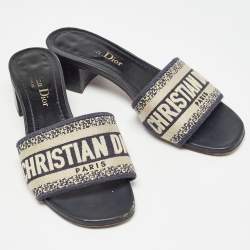 Dior Beige/Blue Canvas Dway Open Toe Slide Sandals Size 34