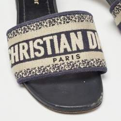 Dior Beige/Blue Canvas Dway Open Toe Slide Sandals Size 34