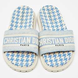 Dior Blue/White Canvas Dway Flat Slides Size 36