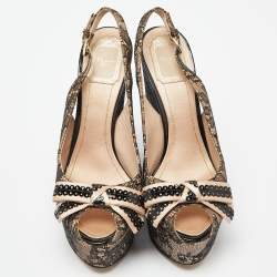 Dior Black/Beige Lace and Satin Bow Slingback Platform Wedge Sandals Size 38