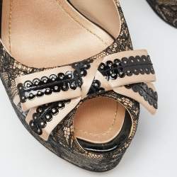 Dior Black/Beige Lace and Satin Bow Slingback Platform Wedge Sandals Size 38