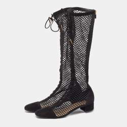 Pre Owned Dior Black Suede and Fishnet Naughtily-D Knee Length Boots Size 42
