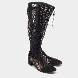 Pre Owned Dior Black Suede and Fishnet Naughtily-D Knee Length Boots Size 42
