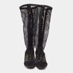Pre Owned Dior Black Suede and Fishnet Naughtily-D Knee Length Boots Size 42