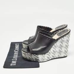 Dior Black Leather Woven Wedge Platform Slide Sandals Size 38.5