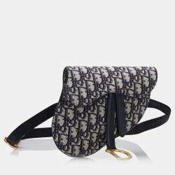 Pre Owned Dior Beige/Navy Blue Oblique Canvas Saddle Belt Bag